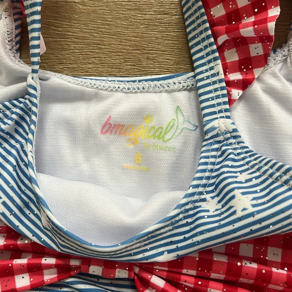 Btween Girls Americana Gingham Stars Sparkle 3 Piece Swim Set 5 Swimsuit
